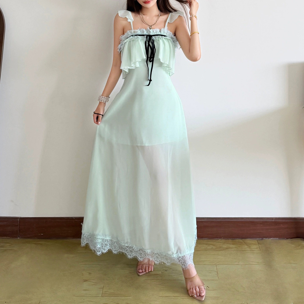 Zara Autumn Ruffle Lace Sheer Dress Tie Back